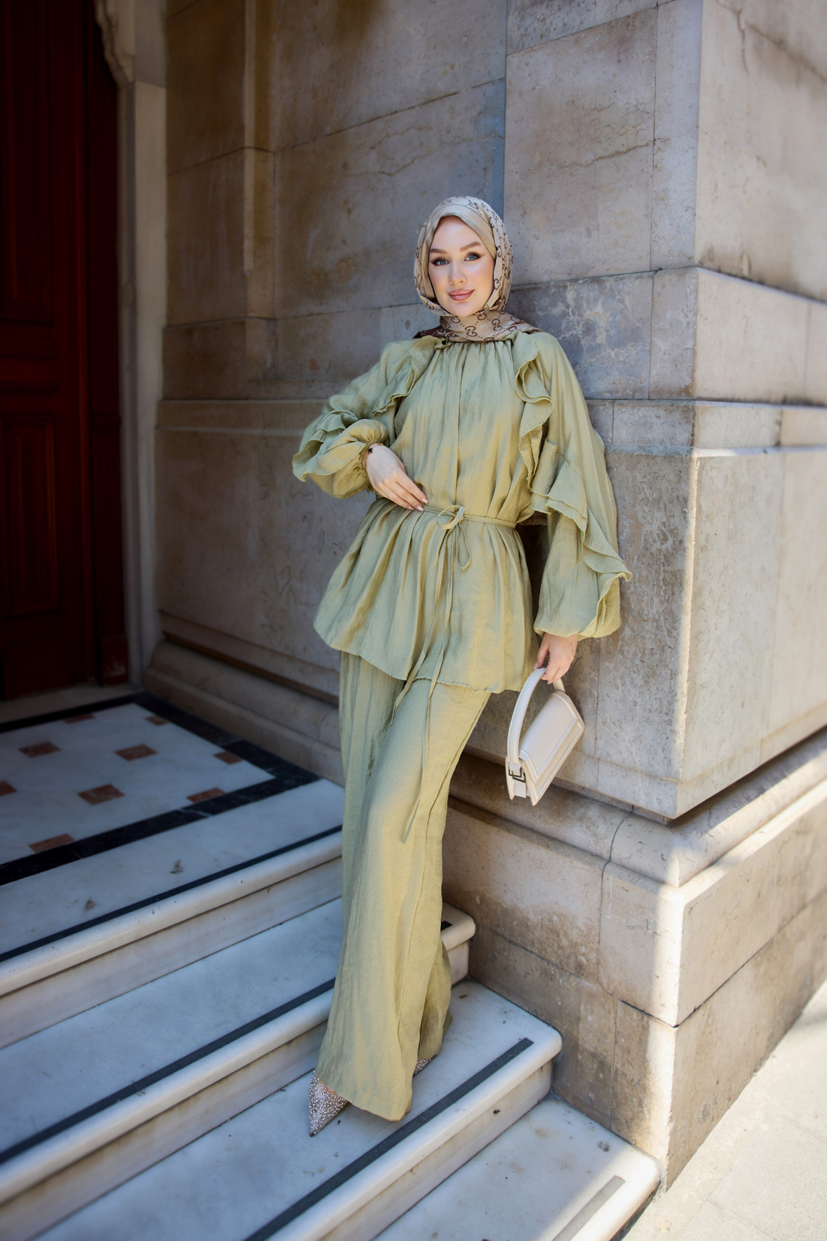 LOCCO Women's Ruffle Sleeve Detailed Lined Suit Green