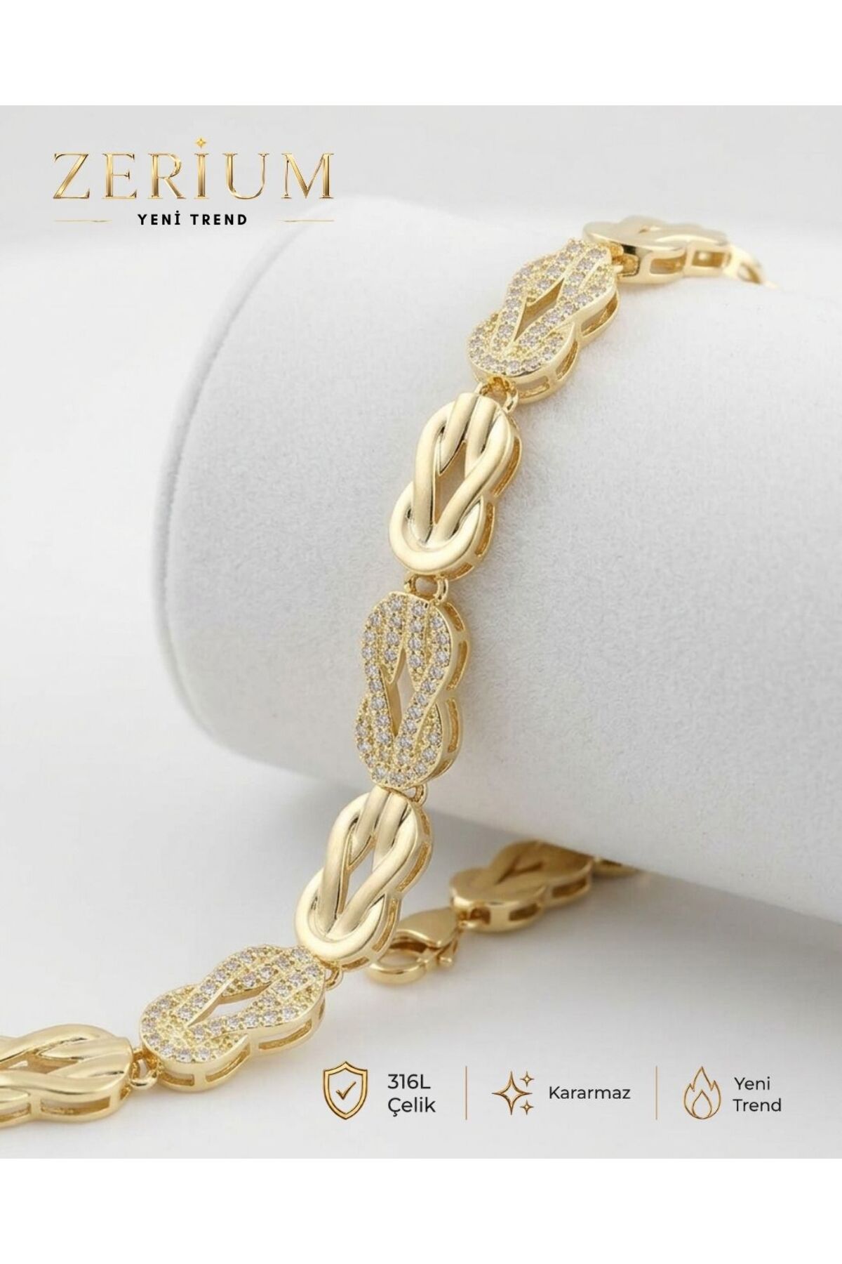 Women's Gold Color Steel Bracelet Zircon Rhinestone Knot Motif