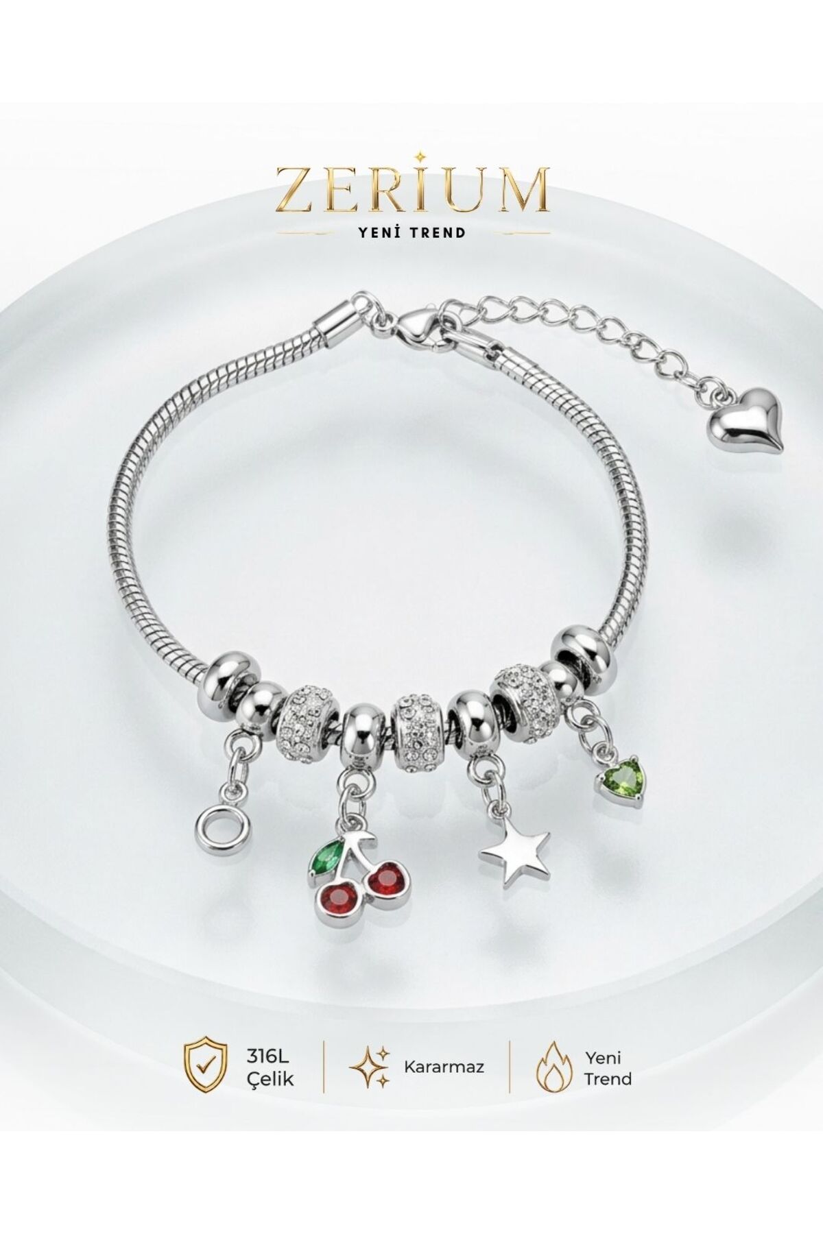 Women's Silver Color Steel Bracelet Swinging Cherry Star Charm