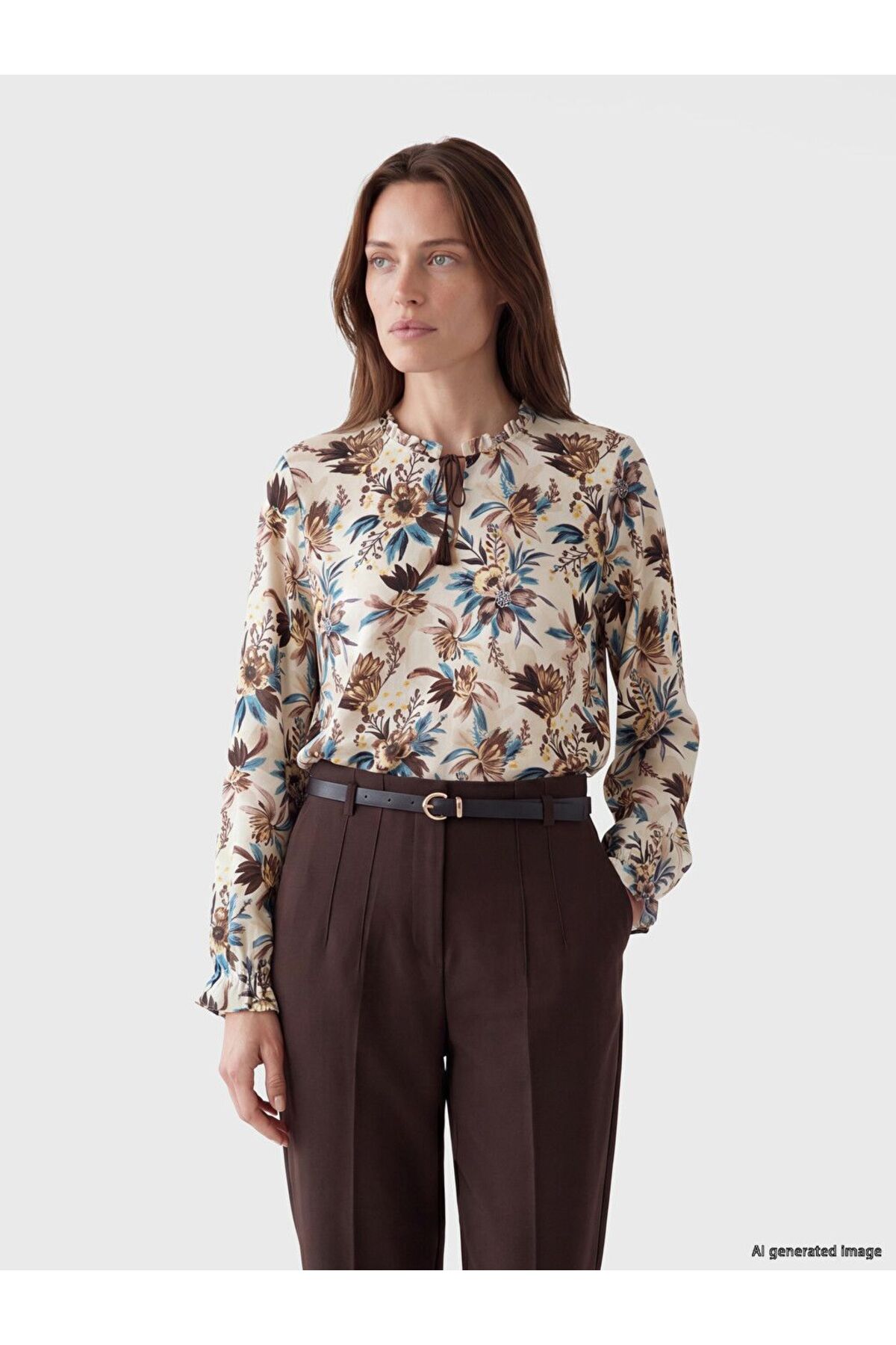 LC Waikiki Lcw Grace Beige Tie-Neck Floral Blouse