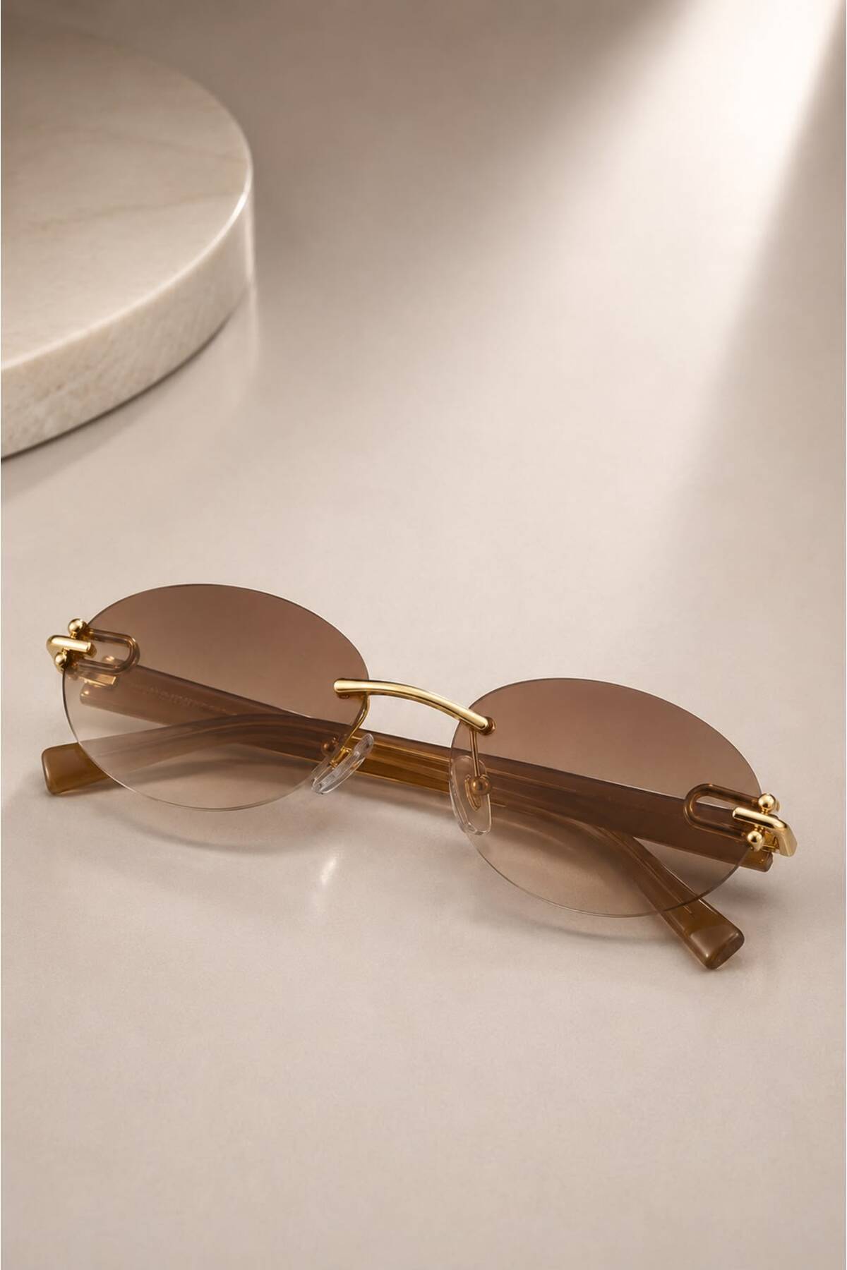 Gold Detailed Frameless Brown UV400 Women's Sunglasses | Modern & Timeless Design