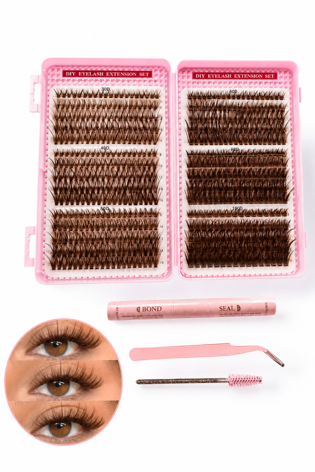 Kahverengi Brown Cluster Takma Kirpik Seti 30D 40D 50D 60D 80D 100D Bond & Seal Cımbız Dahil Viral Görünüm — ALR-BROWNKIT — تصویر 6 از 6