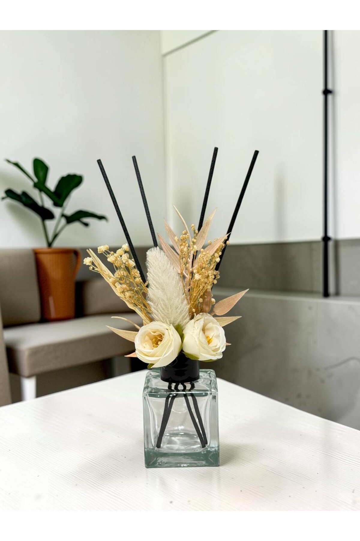 Room Fragrance Glass Square Bottle with Decorative Stick | Artificial Rose Embellished Reed Diffuser Room Fragrance Bottle Double Flower