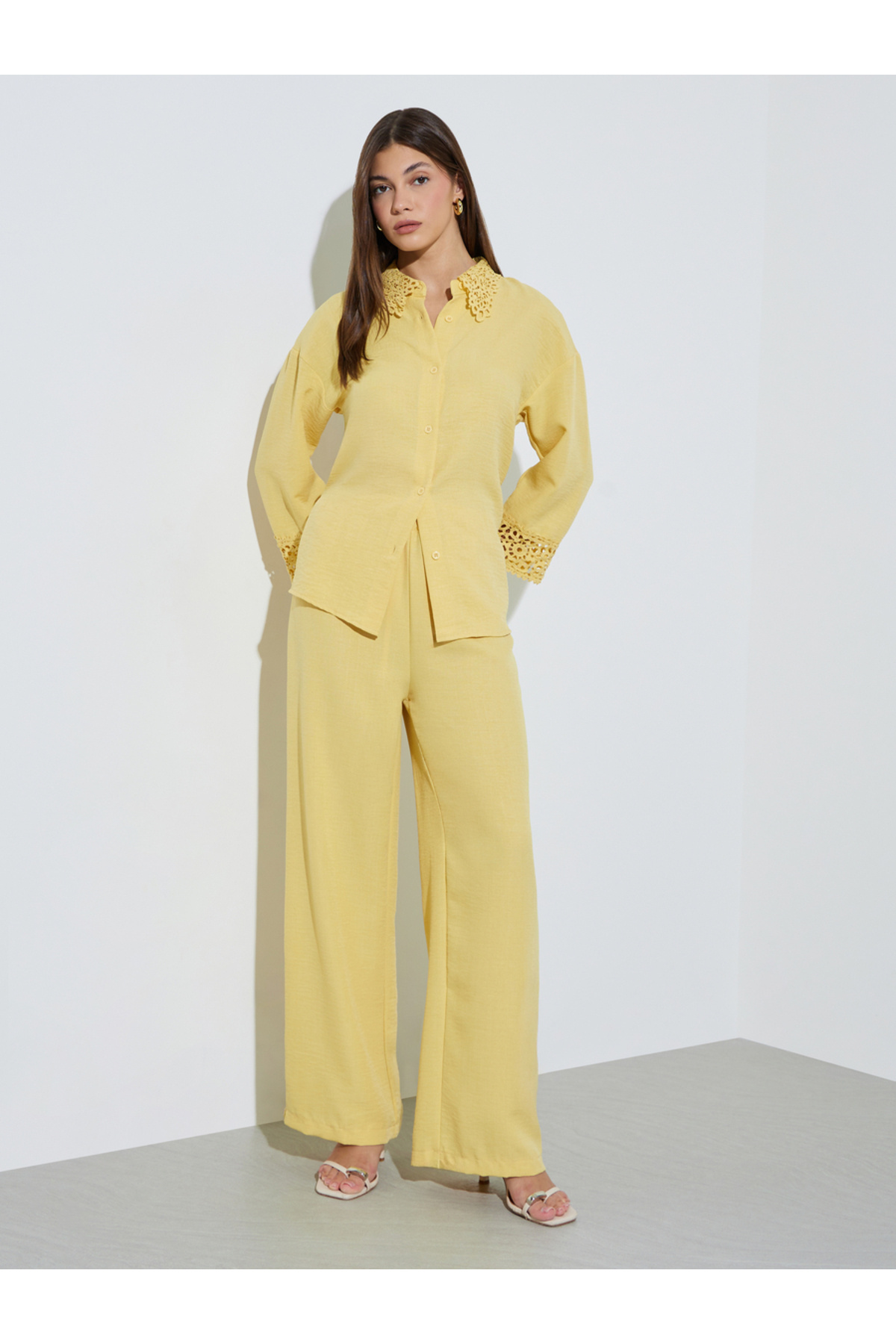 Styli Yellow Lace Trim Shirt and Wide Leg Pants Co-ord Set