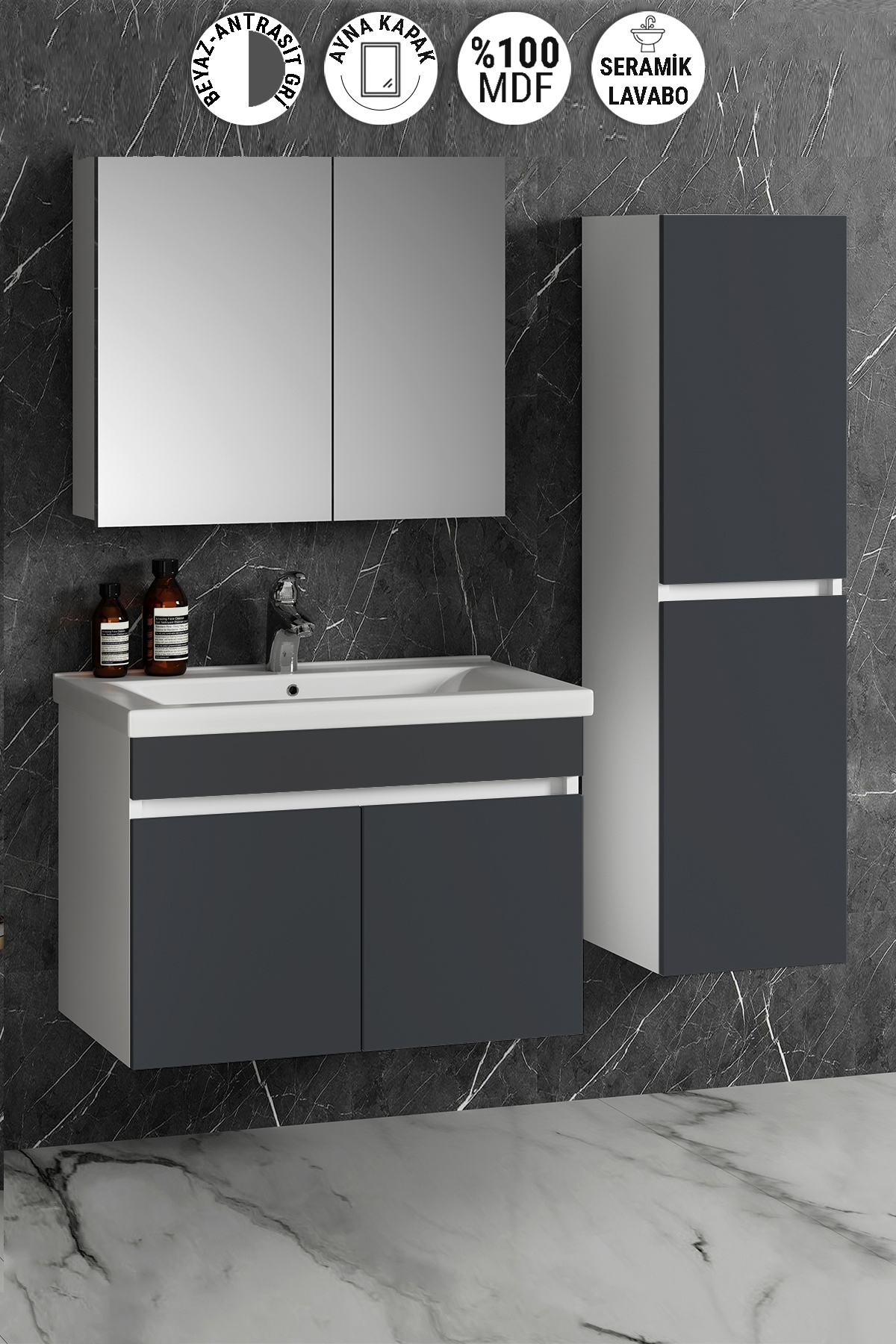 Çiğdem 80+35 cm Beyaz-Antrasit Gri Mat MDF Seramik Lavabolu Asma Banyo Dolabı Takımı