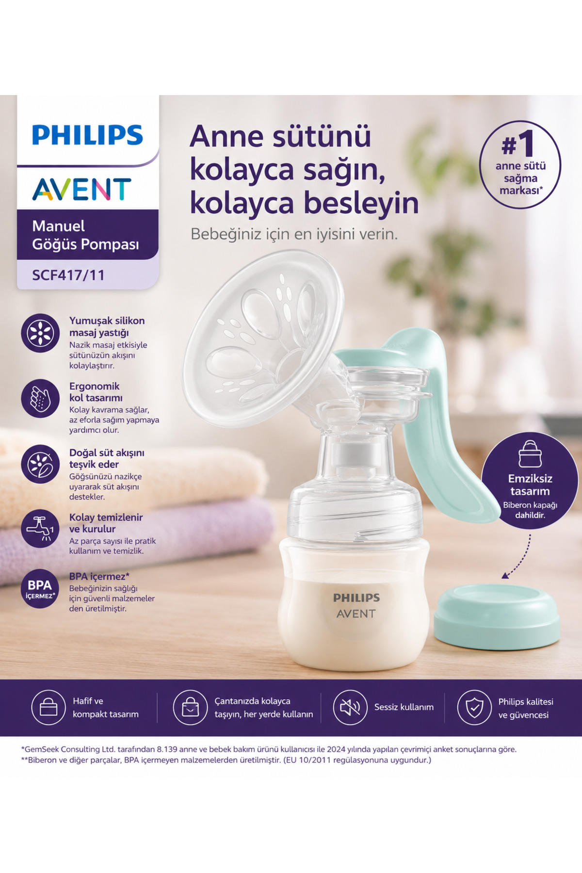 Philips Avent SCF417/11 Manuel Göğüs Pompası 125 ml Biberonlu