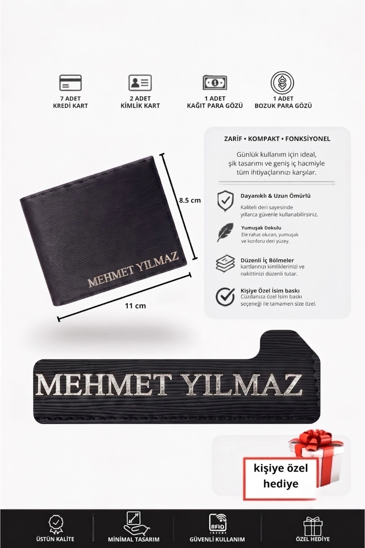 VANİLLA COLLECTİON Deri Cüzdan Kişiye Özel İsim Basklı-9 Kart-Bozuk Para Bölmeli Kelebek Model Siyah Cüzdan görsel 2