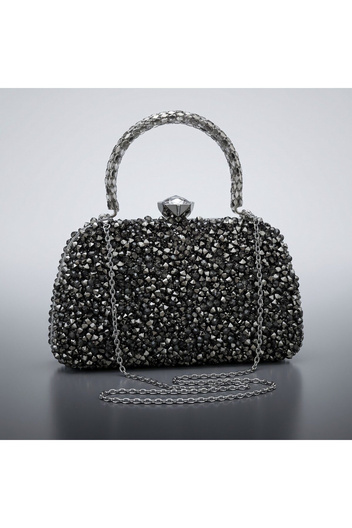 Dilora Kadın Antrasit (Gun Metal) Kristal Taşlı Abiye Çanta Clutch Portföy Zincir Askılı Düğün Nişan Gece Çantası görsel 4