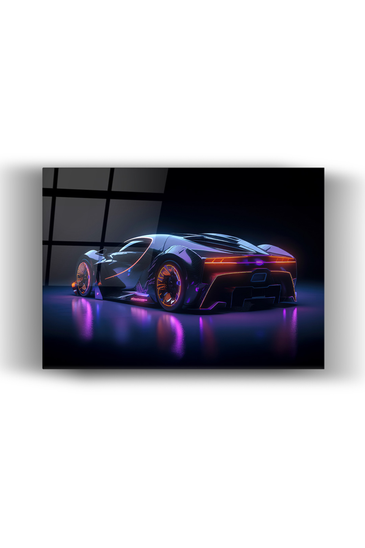 Neon Spor Araba Cam Tablo – Modern Otomobil Temalı Dekoratif Duvar Tablosu