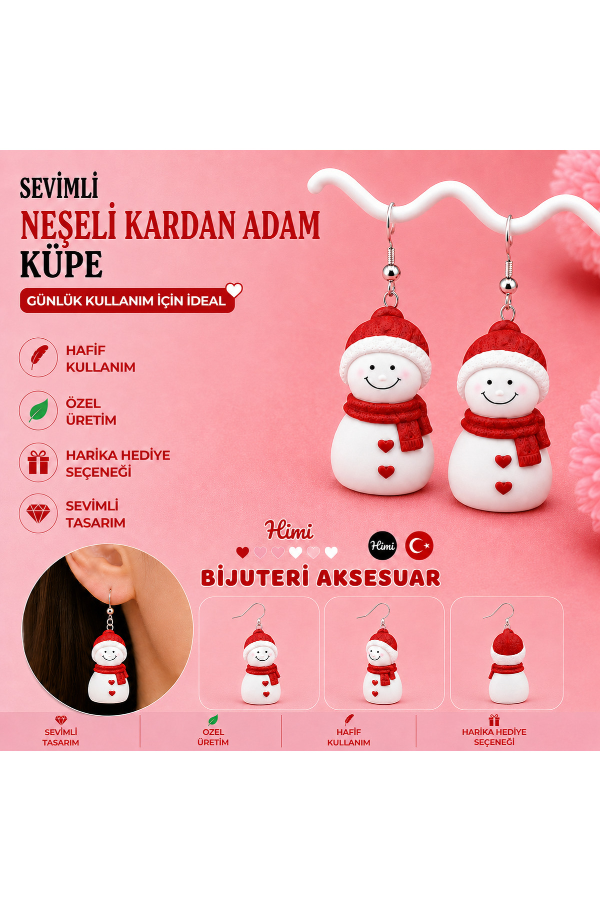 Neşeli Kırmızı Şapkalı Sevimli Kardan Adam Figürlü Sallantılı Küpe Hafif Tasarım Günlük Kullanım Bijuteri Çocuk Küpesi