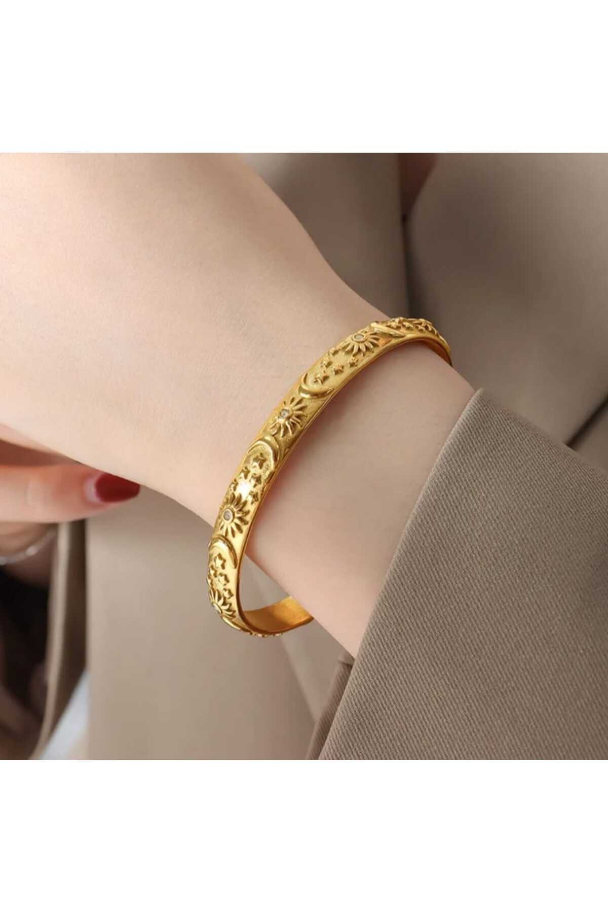 Umrece 2'li Set Gold-Silver Güneş Yıldız Hilal Model Zirkon Taşlı Bileklik (Ayarlanabilir) görsel 5