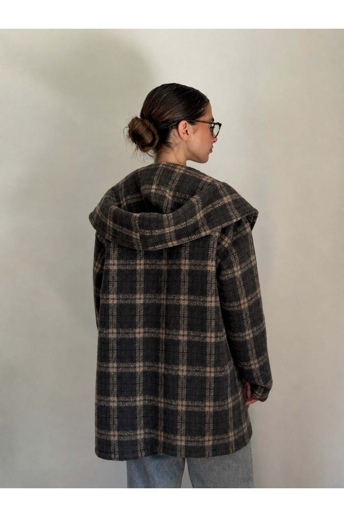 Retrobird Urban Retro Kapüşonlu Oversize Ceket Kaban Kadın Koyu Kahve görsel 5
