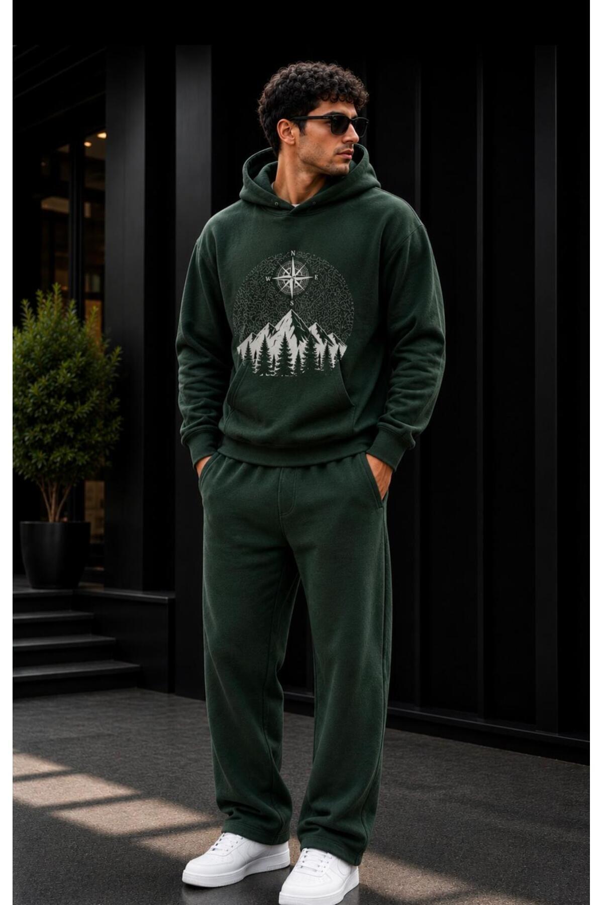 Erkek Premium Baskılı Kapşonlu Sweatshirt Regular Kesim Eşofman Takımı — رنگارنگ A72