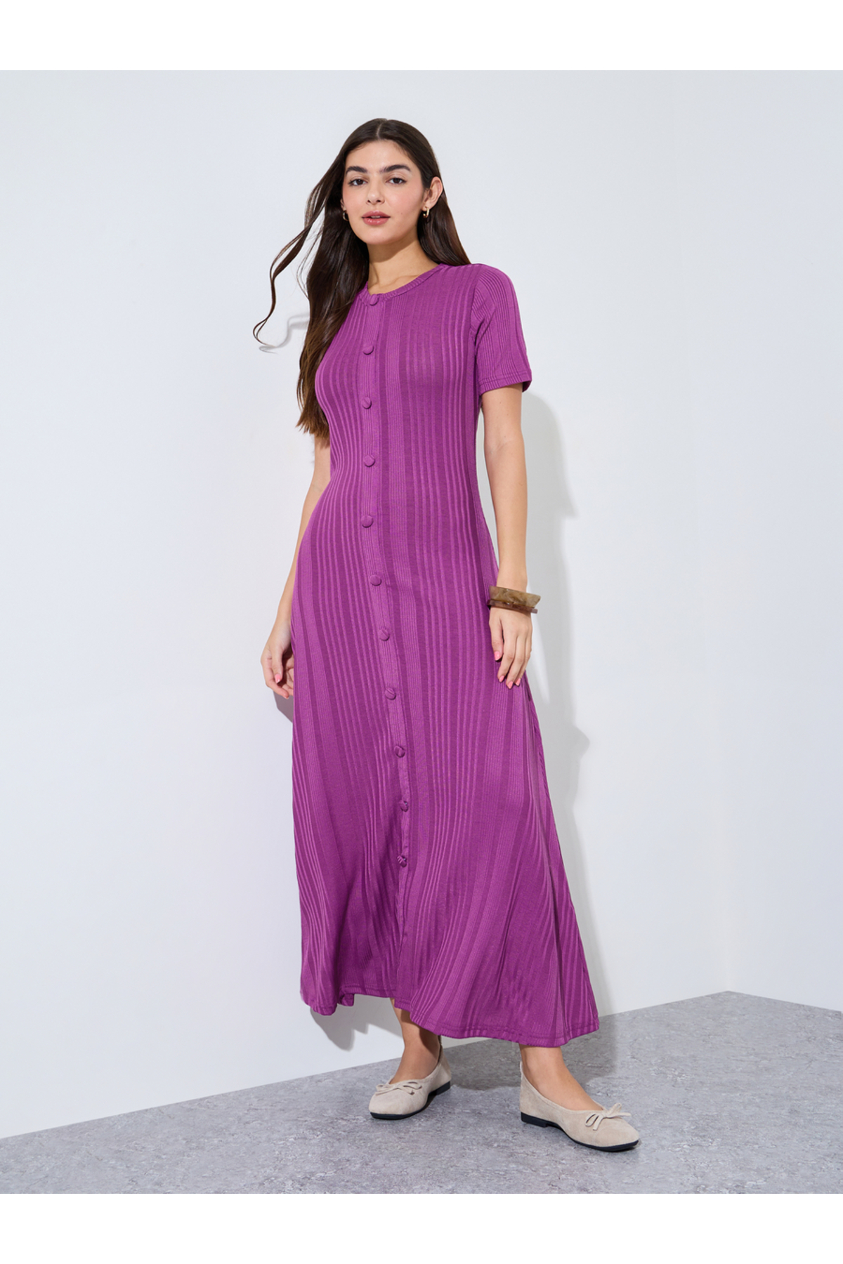 Styli Rib Knit Short Sleeves A-Line Maxi Dress
