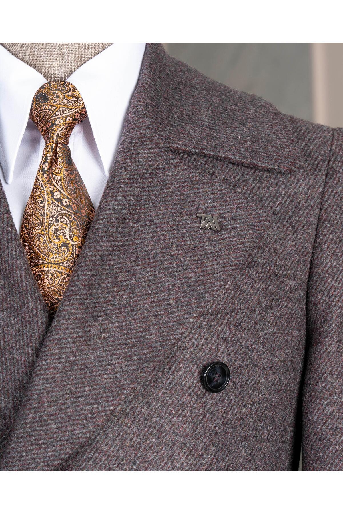 TerziAdemAltun İtalyan stil slim fit kruvaze kaşe yan cepli erkek kaban bordo T15032 görsel 4