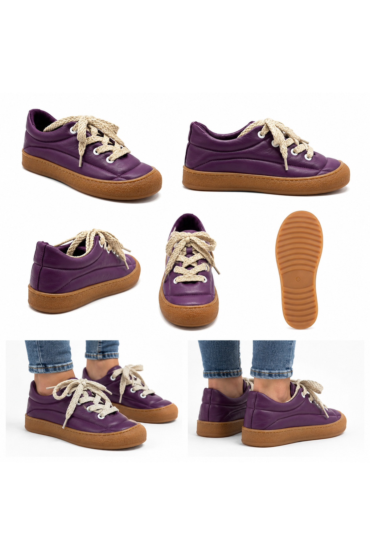 N Napa Shoe NP.7809.MOR DERİ SNEAKER Napa Shoe Kadın Hakiki Deri Comfort Sneaker, Mor | Günlük Rahat Bağcıklı A görsel 5