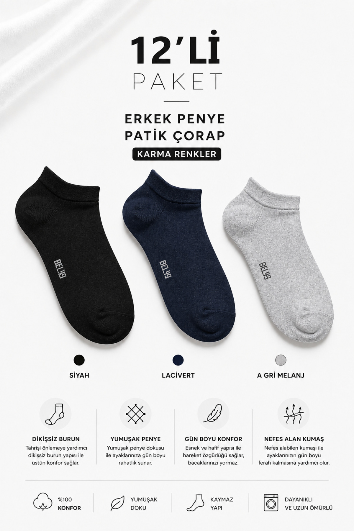 belyy 12 Li paket Penye Dikişsiz Erkek Karma Renk Patik Çorap