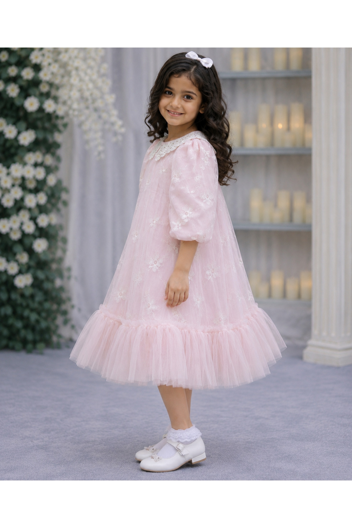 Girls Pink Party Dress with Pearl Collar (فستان حفلات بناتي وردي بياقة لؤلؤية)