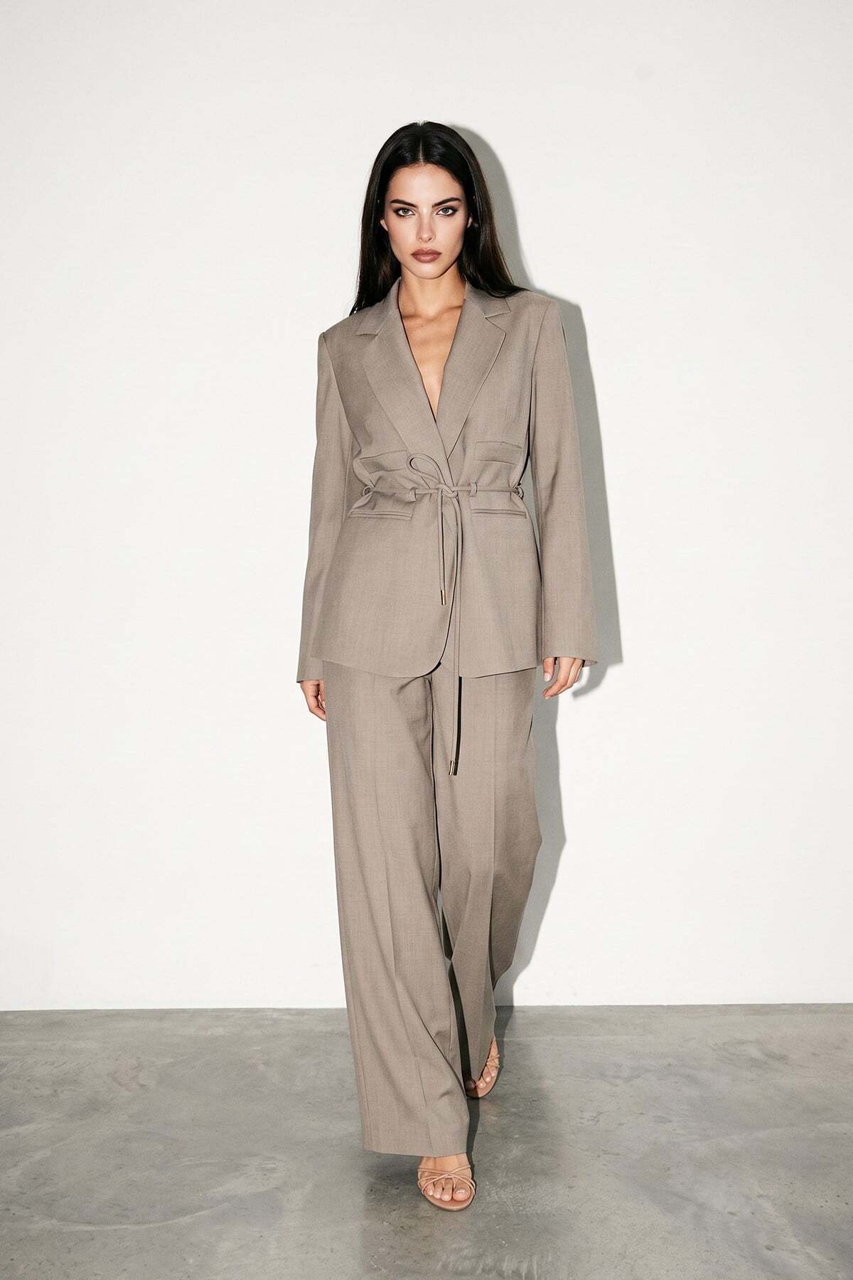 Setre Mink Waist-Tied Jacket with Pocket Detail, Relaxed Fit Pocketed Pants Set