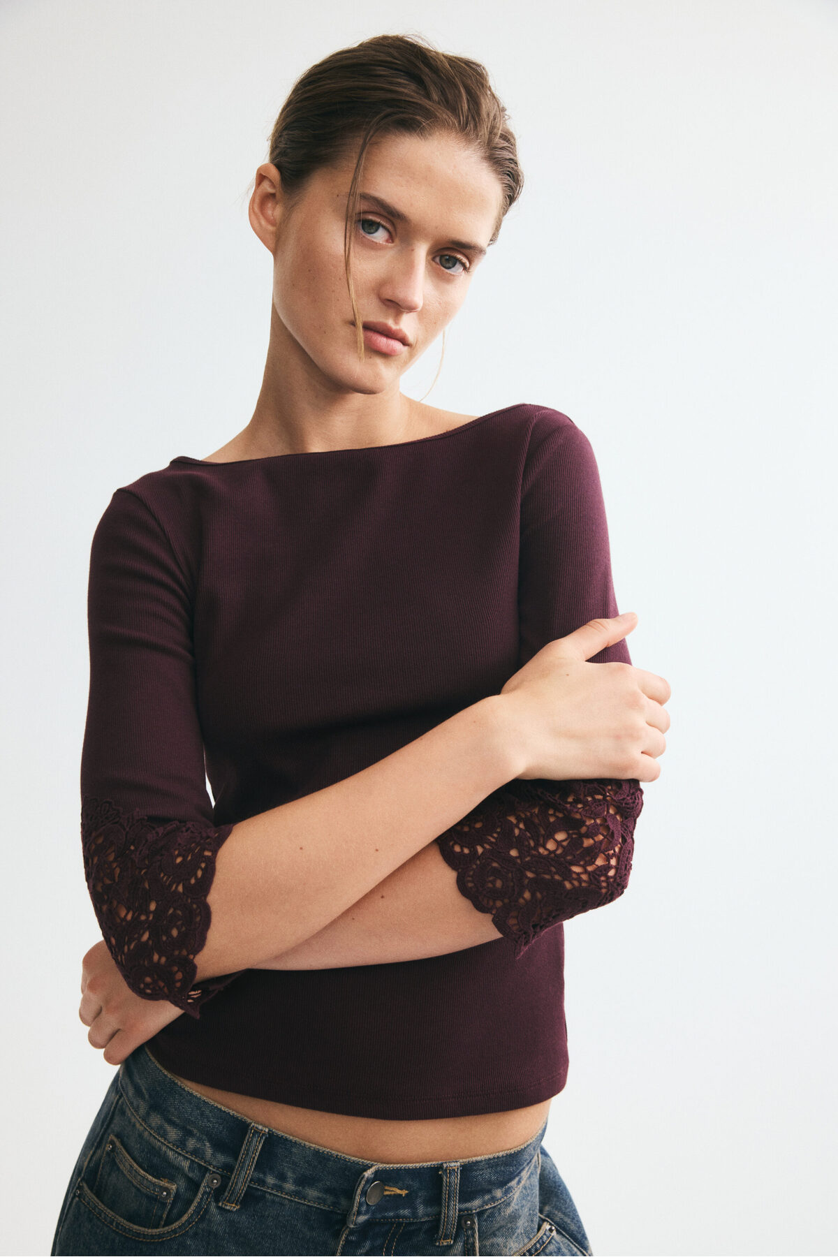 H&M Dantel Ara Parçalı ve Kayık Yakalı Üst görsel 3