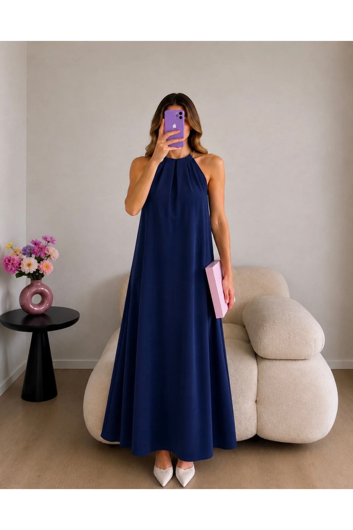 Navy Blue Gold Chain Halter Collar Maxi Dress