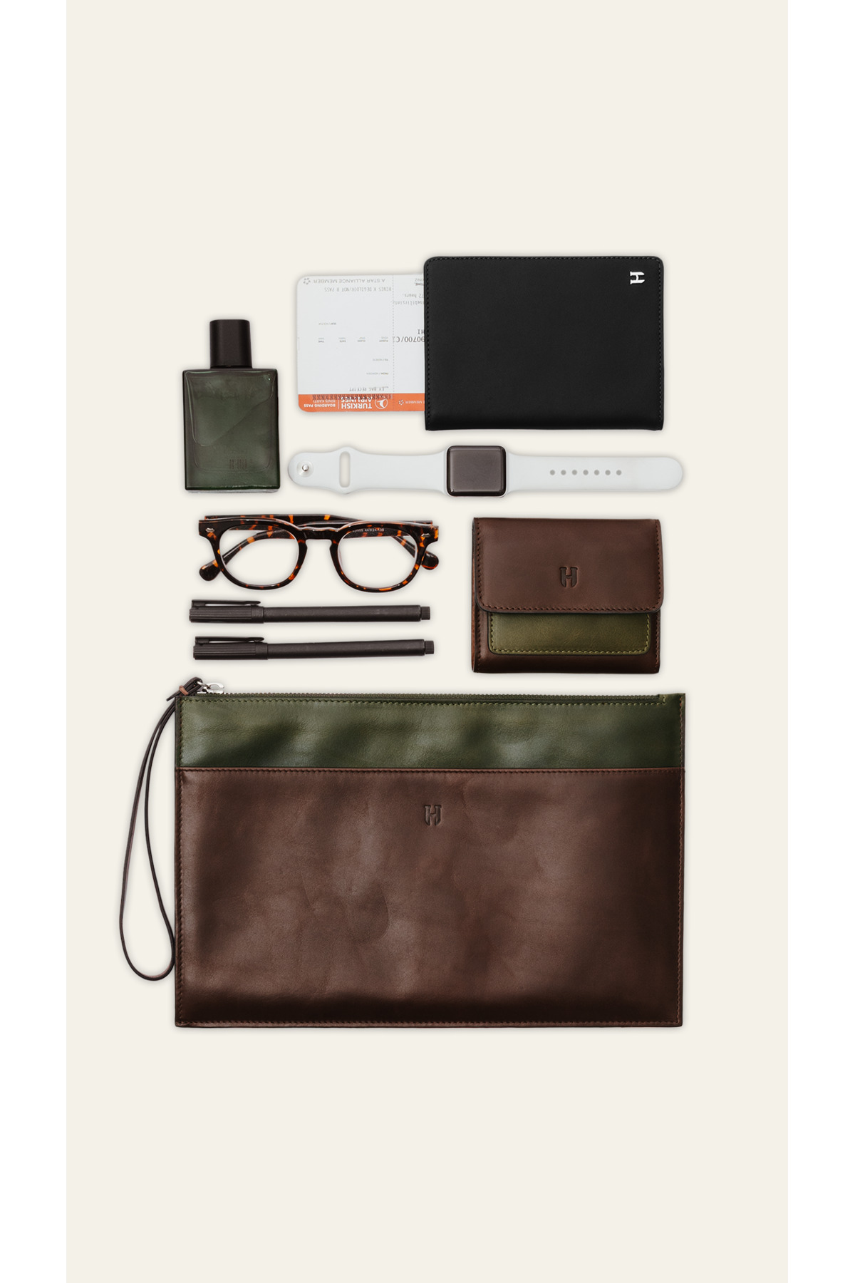 HELMBROOK Beverly Unisex İnce Deri Haki Kahve Clutch Çanta (Bilek Askılı) görsel 4
