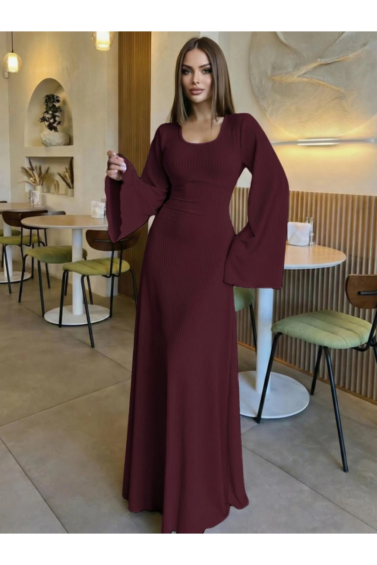 Styli Burgundy Long Sleeves A-Line Maxi Dress