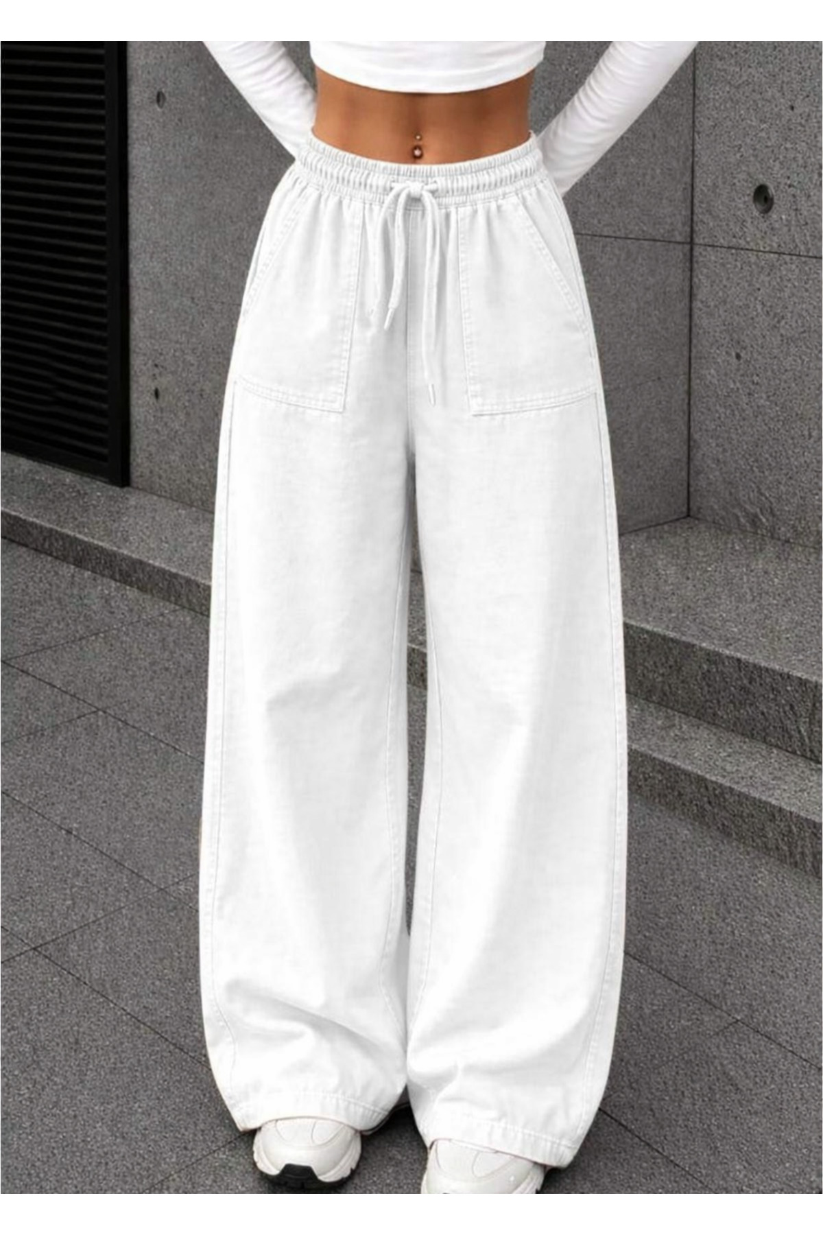 Hera Moda Women's Gabardine White Washed Linen Trousers with Pockets