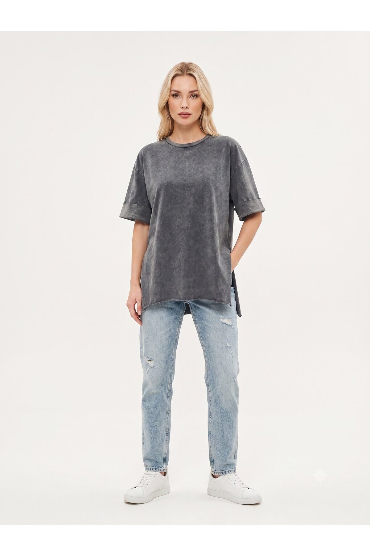 MOVİMENT Antrasit Asit Yıkama Duble Kol Geniş Kesim Asimetrik Yırtmaçlı Örme T-Shirt görsel 2