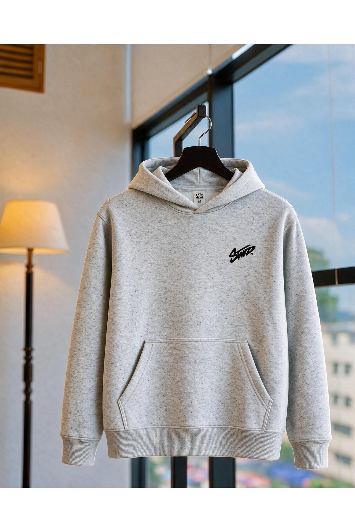 Erkek Stand El Yazılı Kanguru Cepli Kapüşonlu Sweatshirt — خاکستری EMK1158