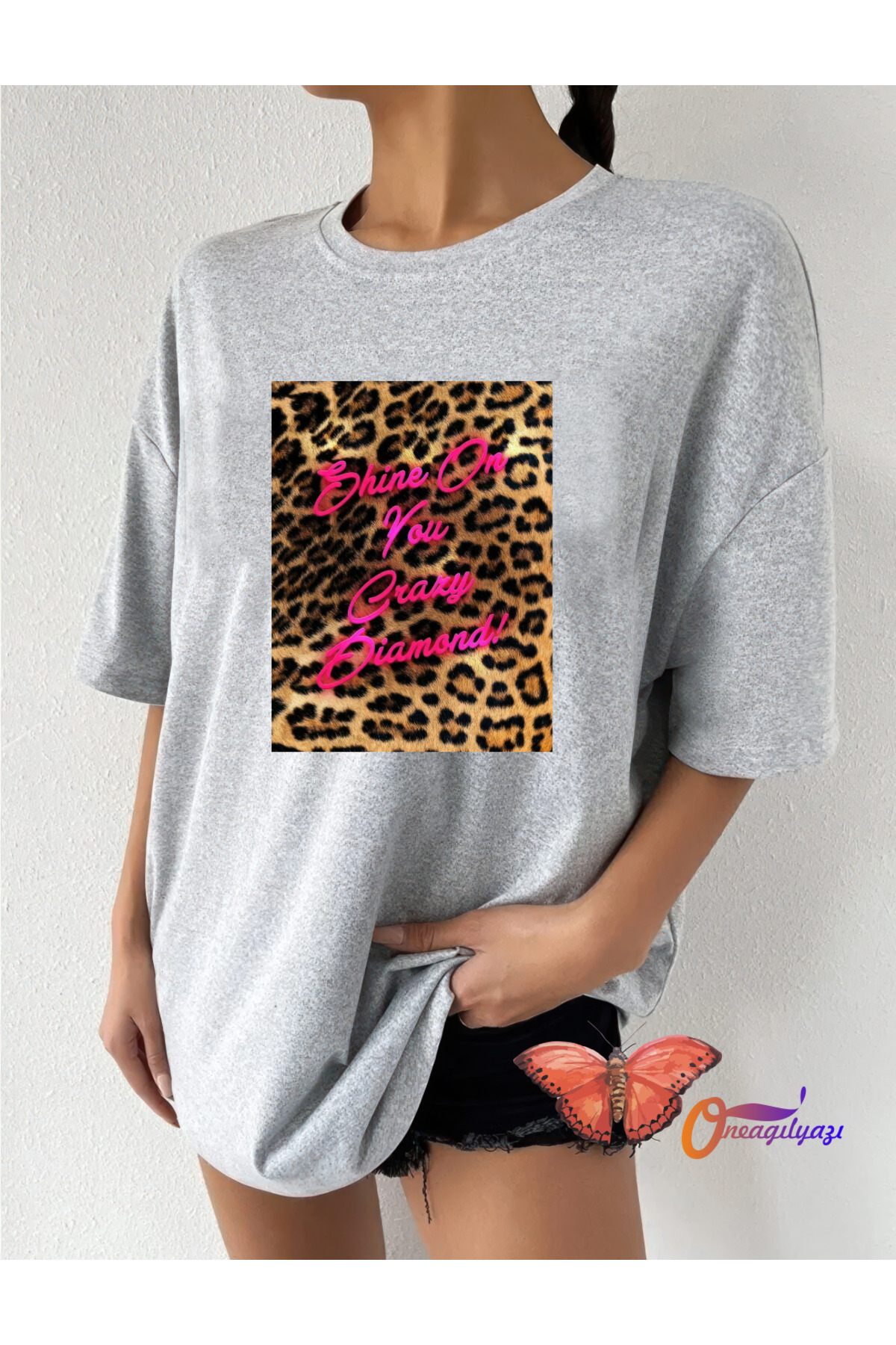 yombaa Leopard Shine Design Printed Oversize Combed Cotton T-Shirt