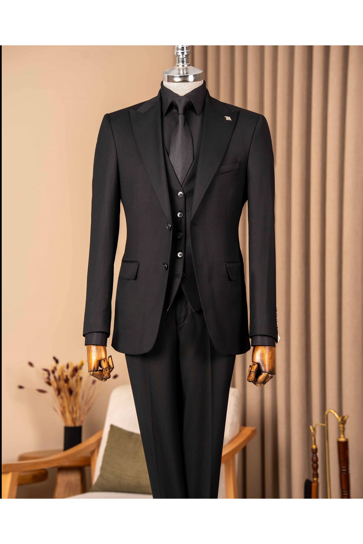 TerziAdemAltun Slim Fit Men's Pointed Collar Jacket Vest Pants Combination Suit Black T20154-01