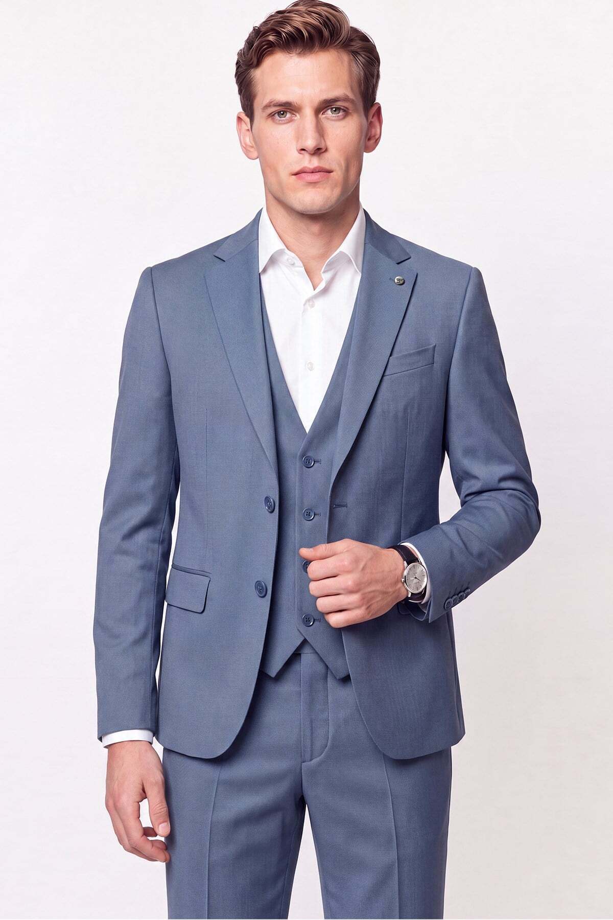 Efor Slim Fit Double Slit 97% Wool Texture Patterned Flexible Blue Vest Suit Tk 927