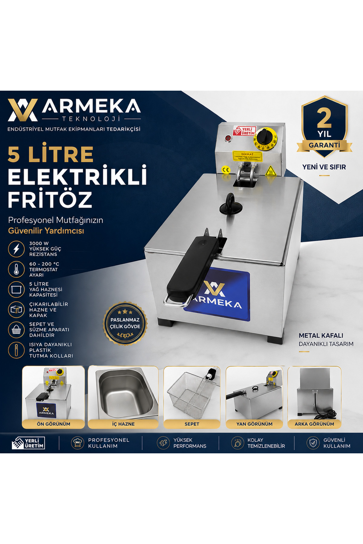 Armeka Elektrikli Fritöz 5 Litre Metal Kafalı Çıkarılabilir Hazneli Kızartma Makinesi Airfryer