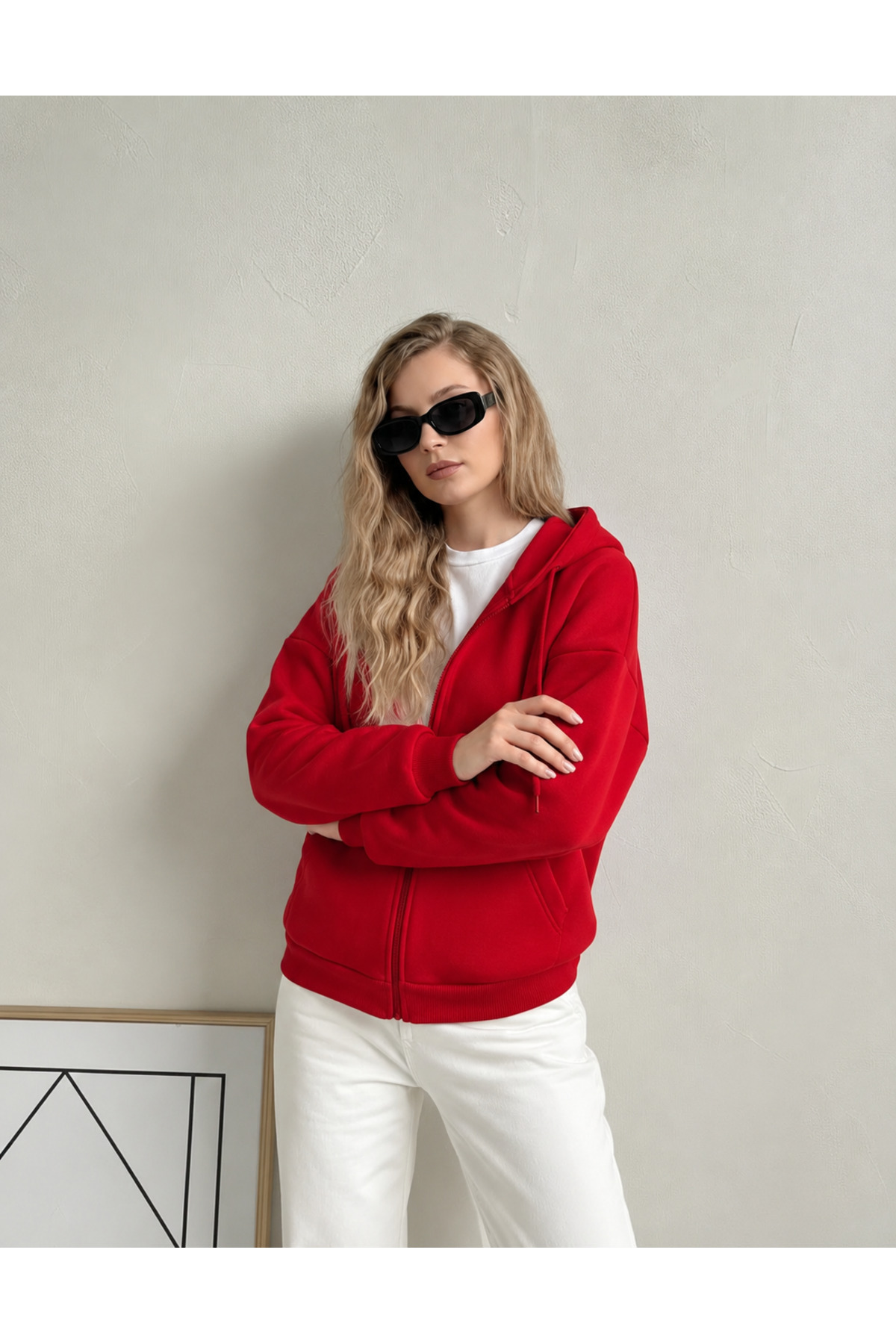 YAKAMEL KADIN 3 İPLİK KAPÜŞONLU FERMUARLI OVERSİZE SWEATSHIRT HIRKA görsel 4