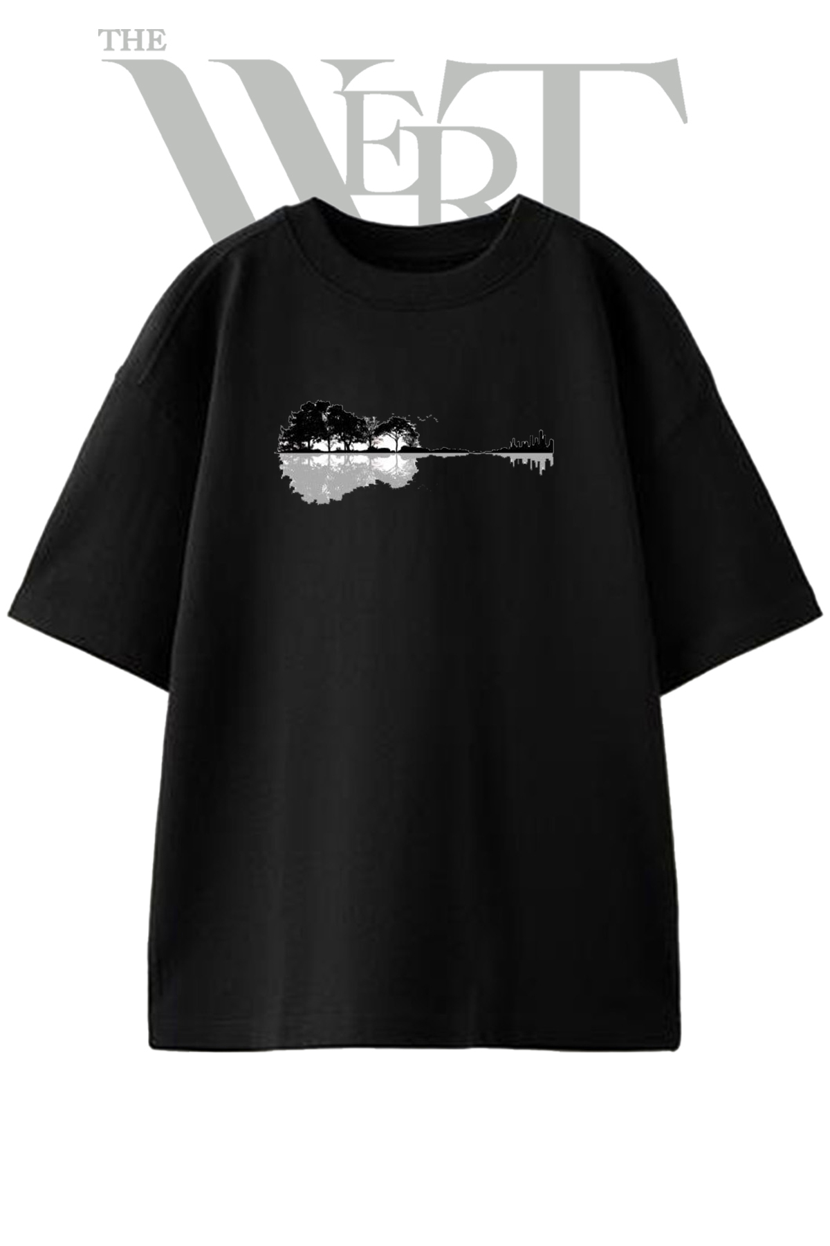 THEWERT Doga Sehir Guitar Design Printed Unisex Black Oversize T-Shirt