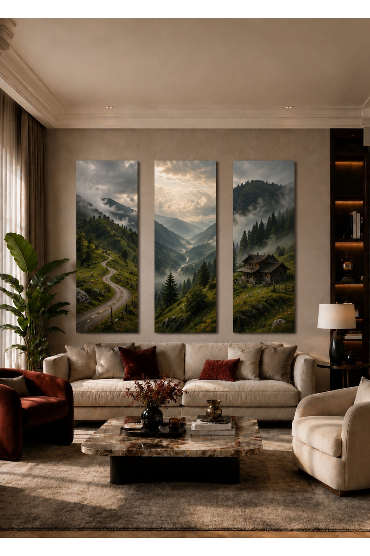 MDF Tablo Sisli Dağ, Orman ve Yayla Evi Temalı 3’lü Set – Salon Duvar Dekorasyonu
