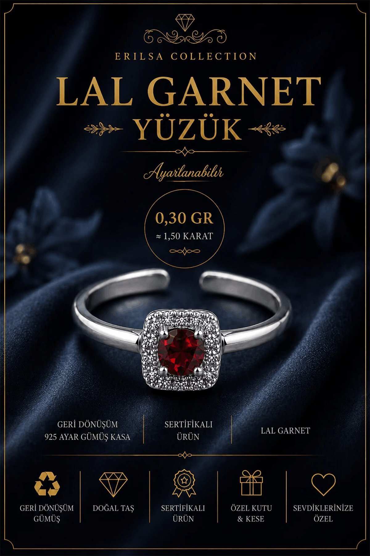 Erilsa Sertifikalı Lal Garnet Taşı Kare Faset Kesim 1,50 Karat 925 Ayar Gümüş Ayarlanabilir Yüzük