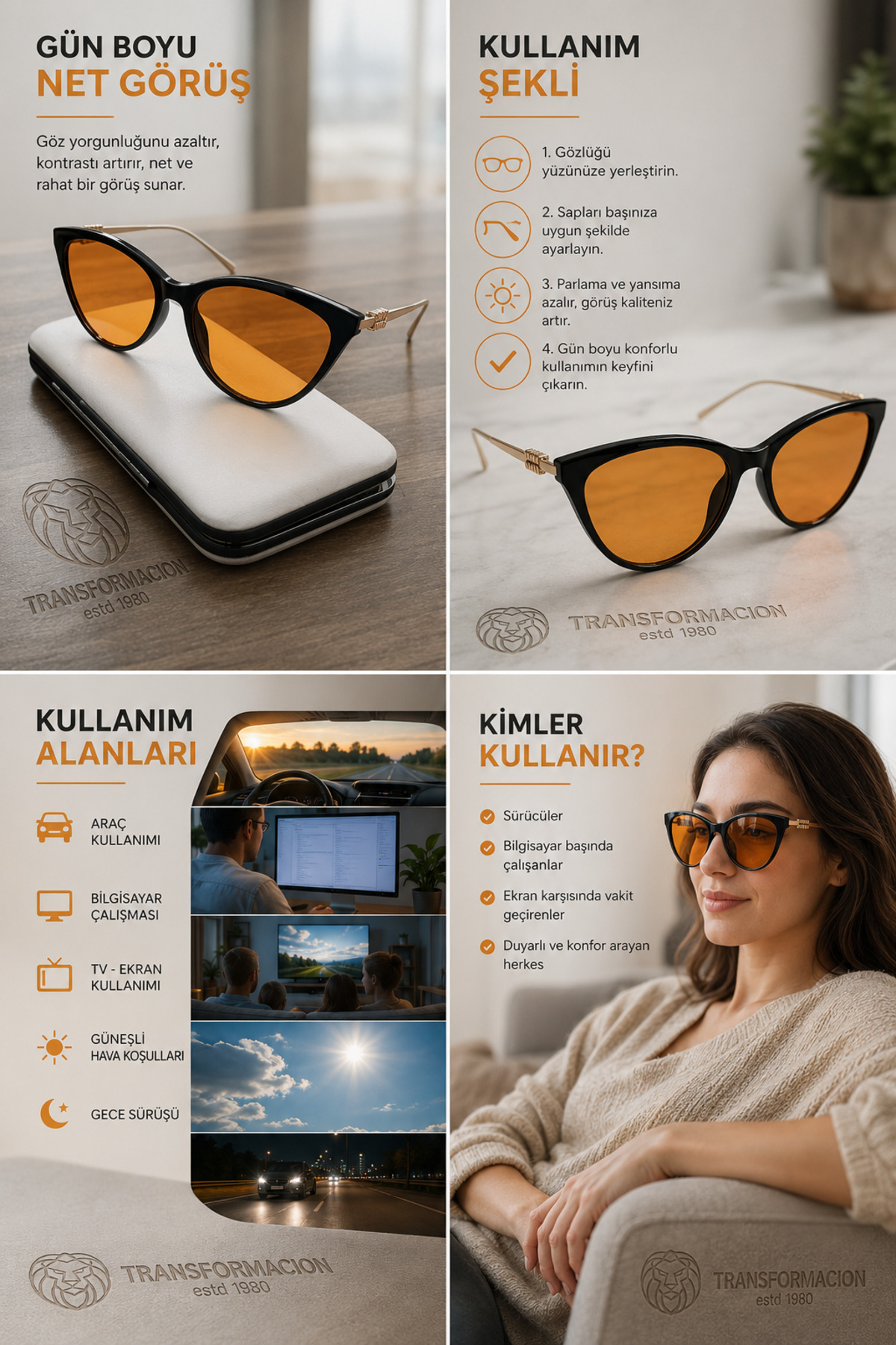 Transformacion Kadın Gece Sürüş Gözlüğü Parlama Önleyici Sarı Camlı Sis ve Far Işığı Kırıcı Antirefle Kedi Gözü Sürüş Gözlüğü 723384 görsel 2