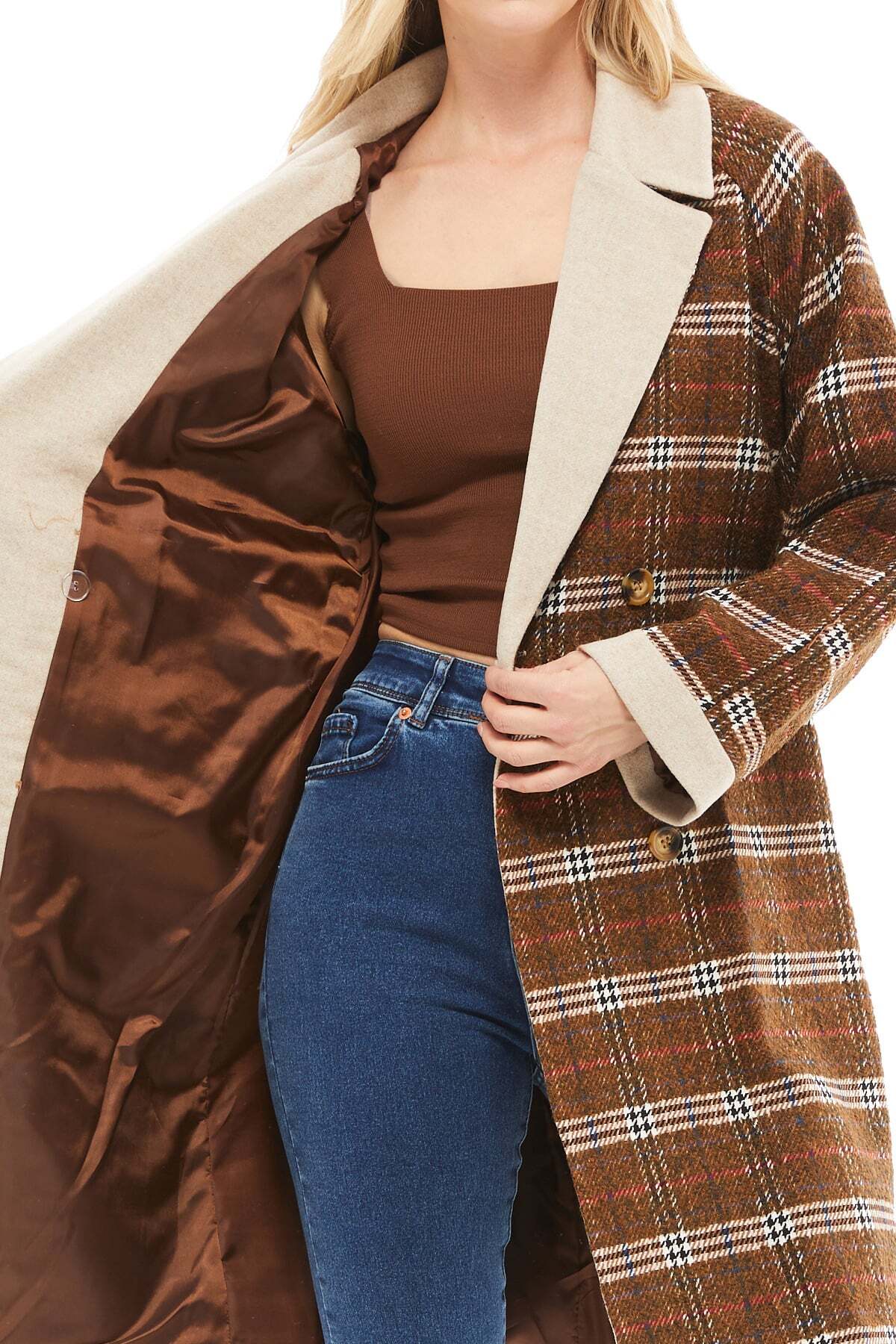 Fulla Moda Ekose Desenli Beli Kemerli Kaşe Kaban görsel 2