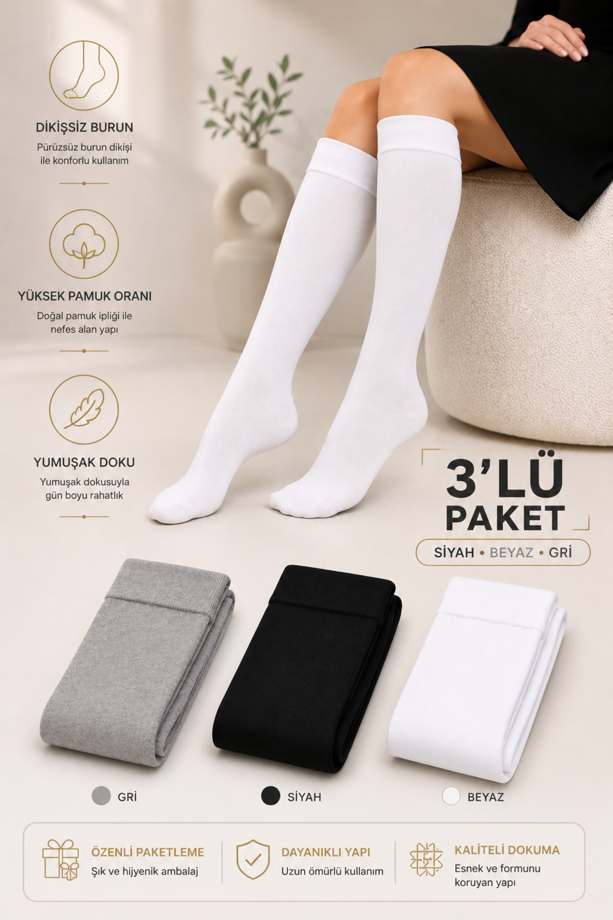 Kadın 3'lü Dizaltı Pamuk Yumuşak Uzun Dikişsiz Çorap / Pantolon Çorabı / Teni Göstermeyen Çorap Çok Renkli