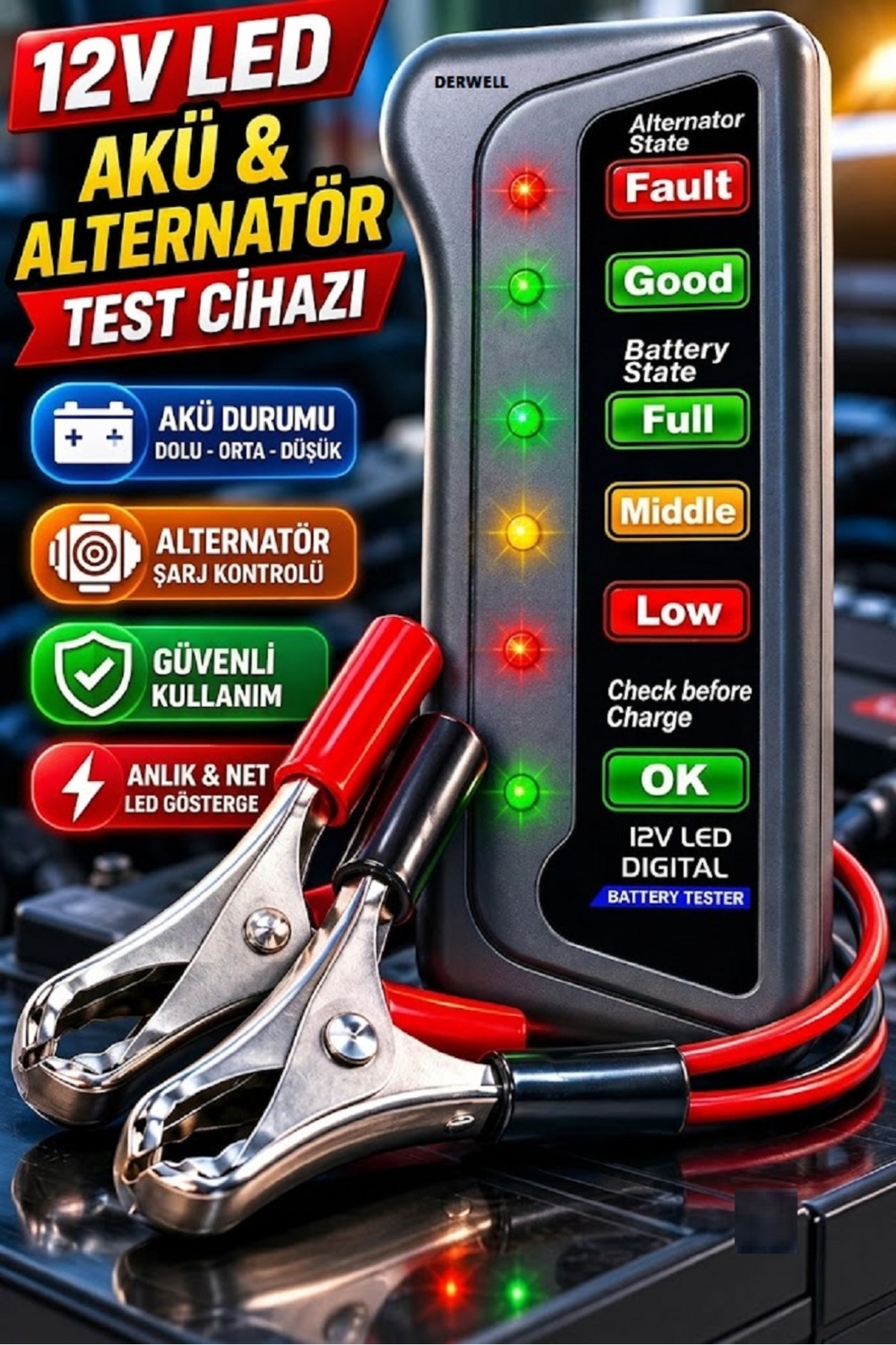 Yeni 2026 New 12V LED Araç Akü ve Alternatör Test Cihazı – Hızlı Akü Şarj Kontrol Ölçer Harici güç gerektirmez (Ölçüm Yapılan Aküden Beslenir) Dayanıklı ABS Plastik Gövdeli Cihaz