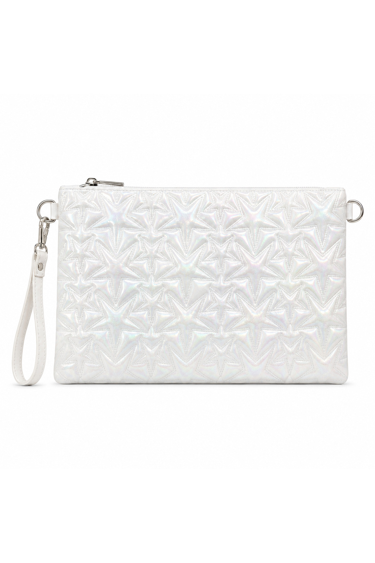Genel Markalar Yüksek Kalite Kadın Beyaz Yıldız Desenli Holografik Portföy Çanta Clutch– Yıldız Desenli, Bilek Askılı, Fermuarlı ZİNCİR HEDİYELİ