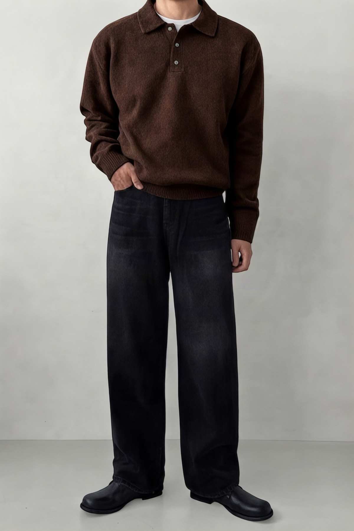 SERABLANKA Erkek Polo Yaka Oversize Triko Kazak, Rahat Kalıp görsel 3