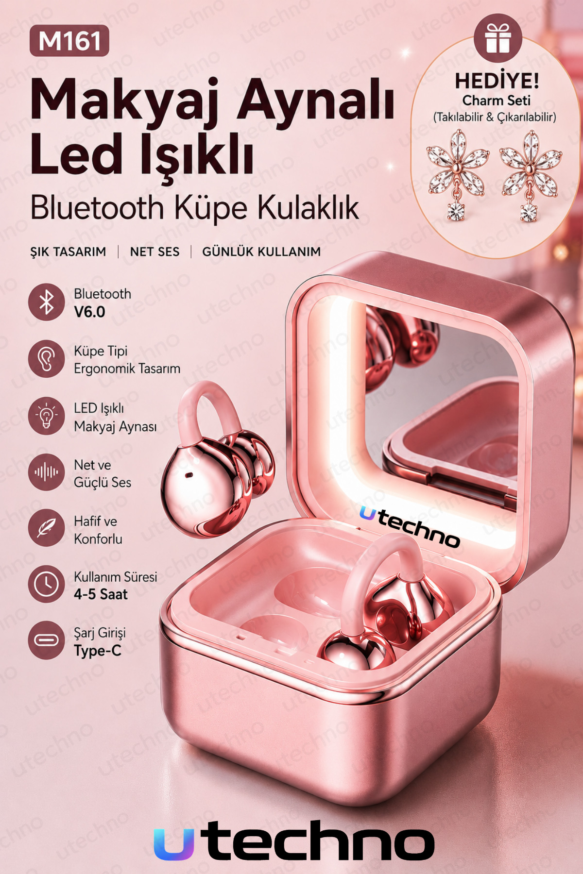 utechno Makyaj Aynalı LED Işıklı Klips Küpe Tasarımlı Bluetooth TWS Kablosuz Kulaklık BT 6.0 Şık Zarif Tasarım Hediye Çiçek Charm