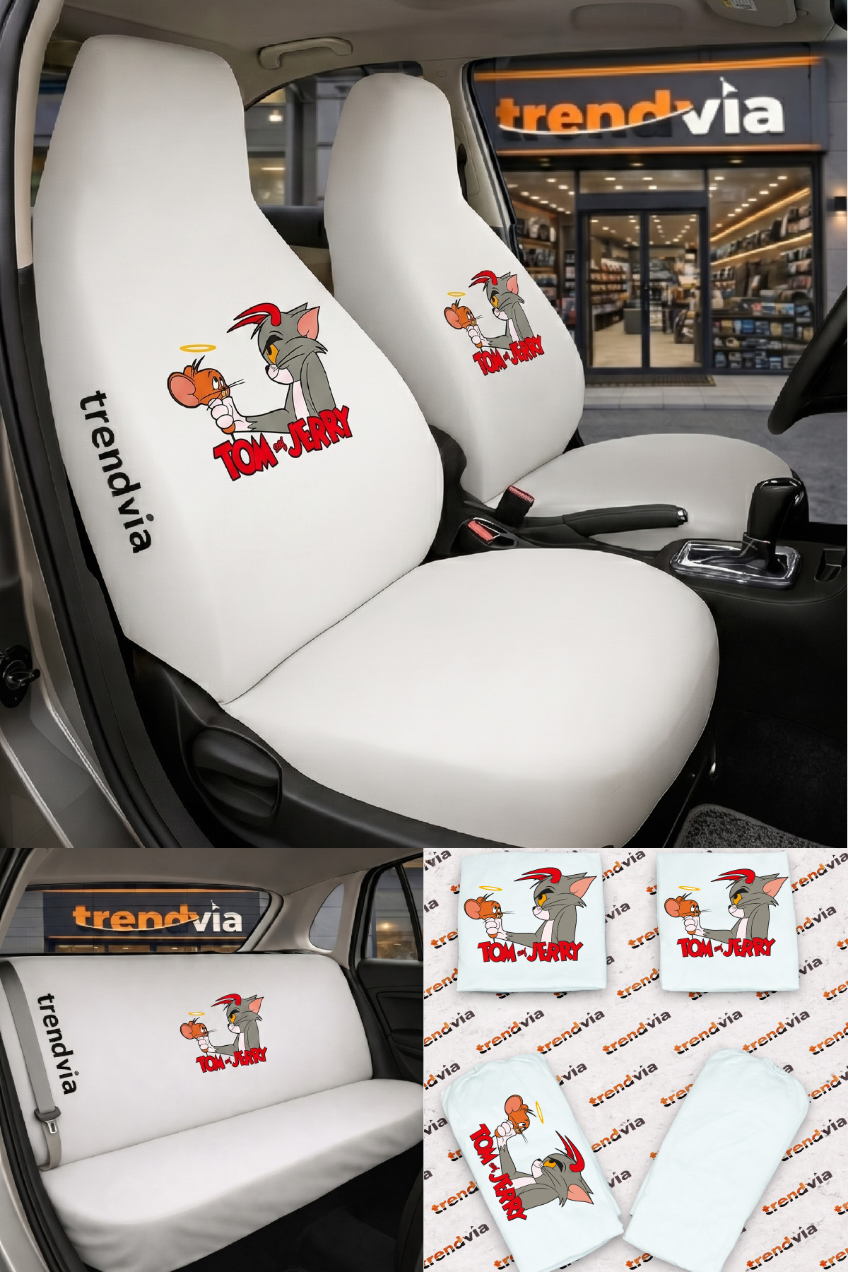 trivexa Tom ve Jerry Logolu Oto Koltuk Kılıfı Ön Arka Set – Penye Likralı Universal Koltuk Koruyucu Servis Kılıfı