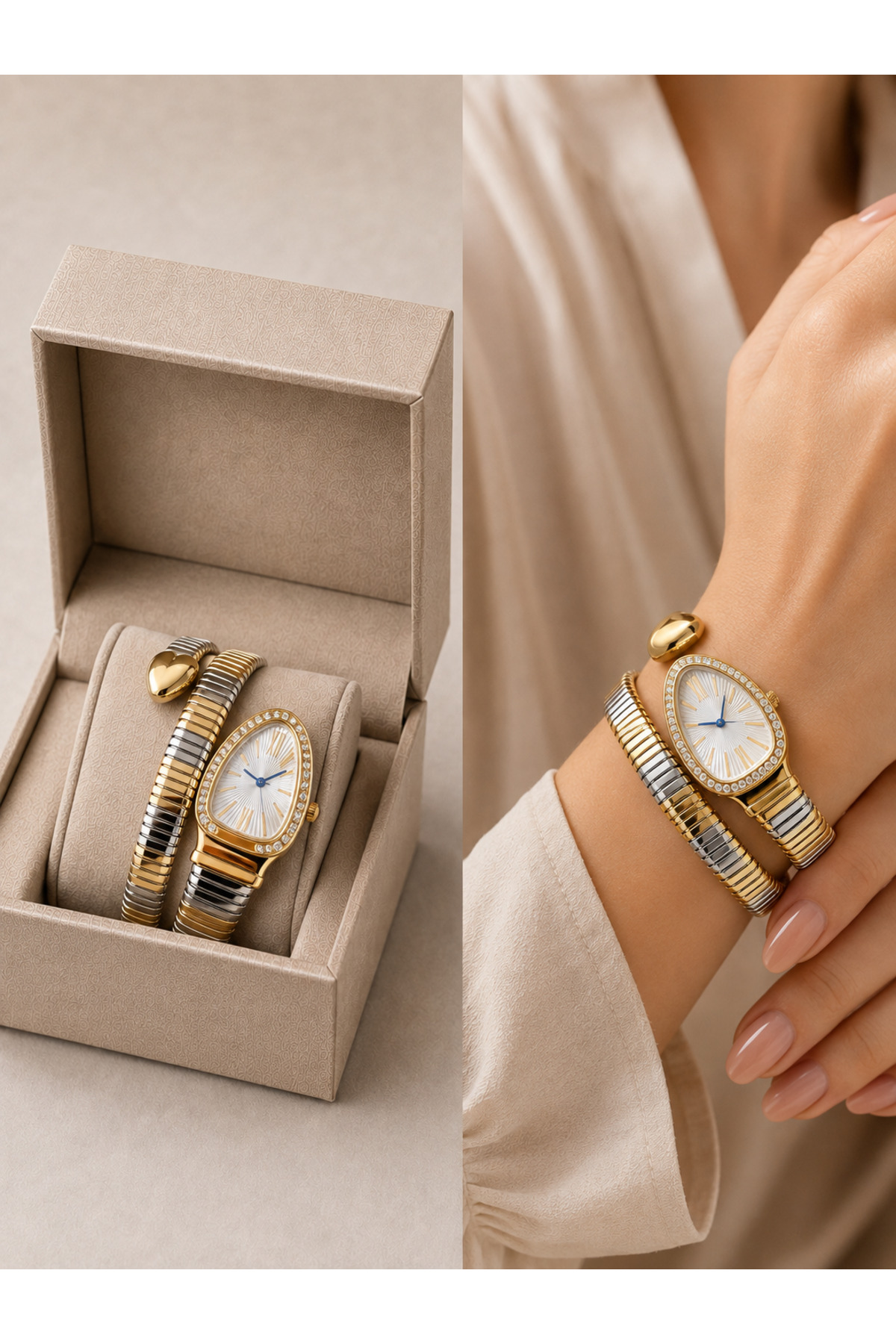 Letrovis Yılan Model Gold-Gümüş Kordon Taşlı Dolama Saat görsel 3
