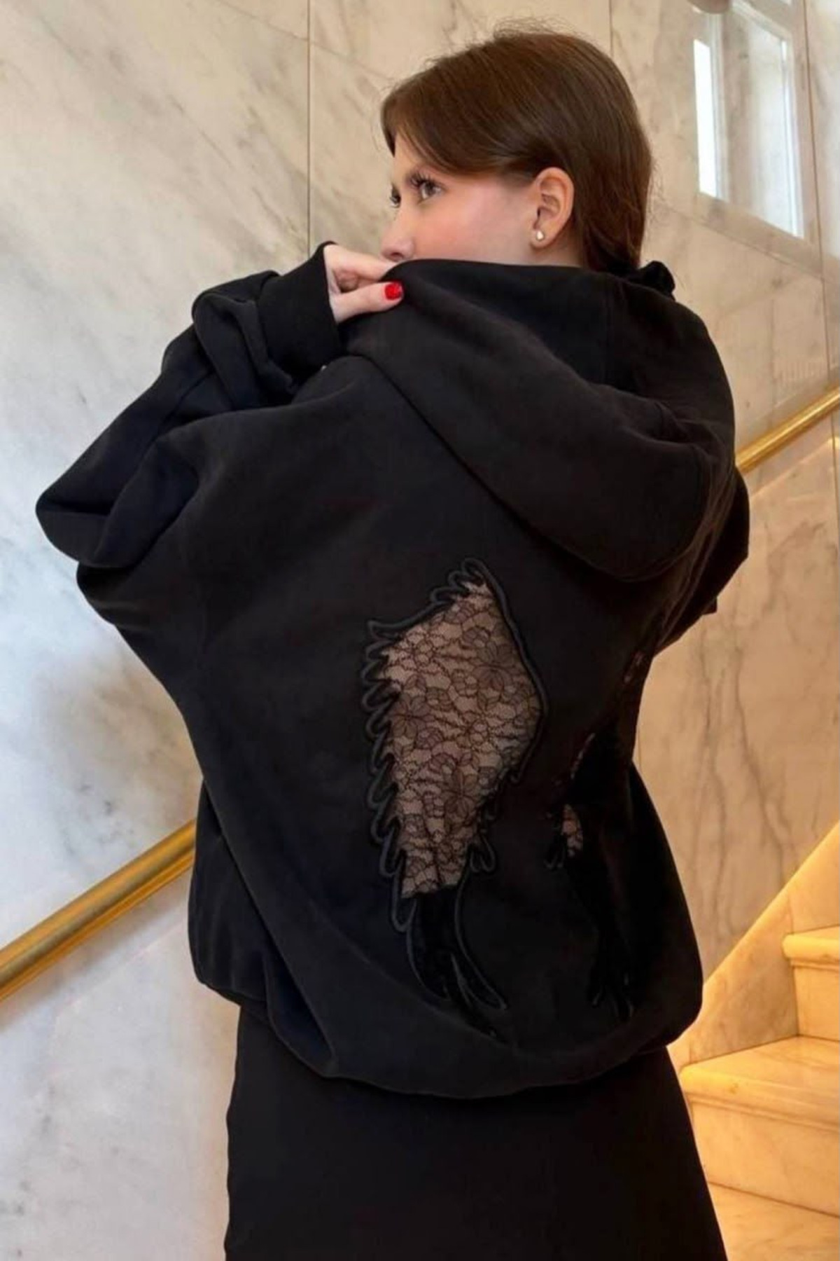 Violon WING SIRT DANTEL KANAT DETAYLI SWEATSHIRT SİYAH görsel 4