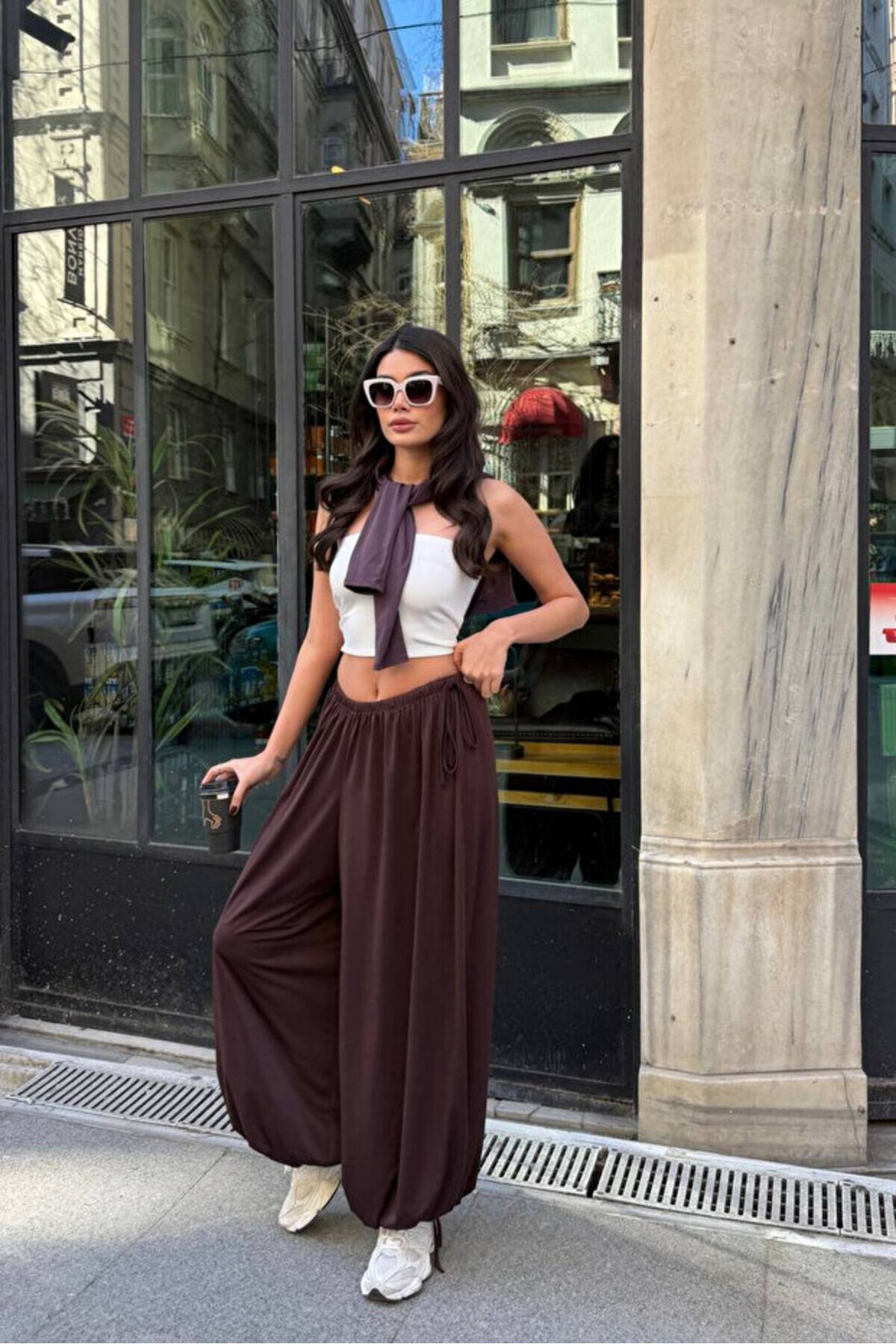 Bluemiss Sandy Kumaş Beli Lastikli Siyah Bağcıklı Şalvar Pantolon görsel 2