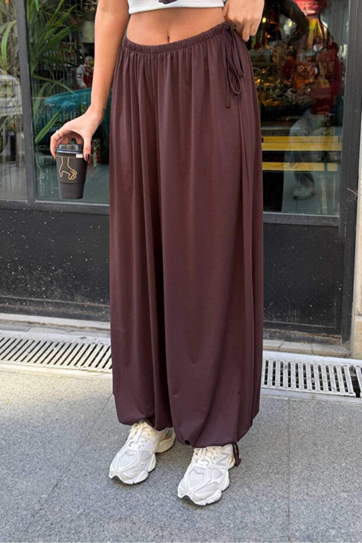 Bluemiss Sandy Kumaş Beli Lastikli Siyah Bağcıklı Şalvar Pantolon